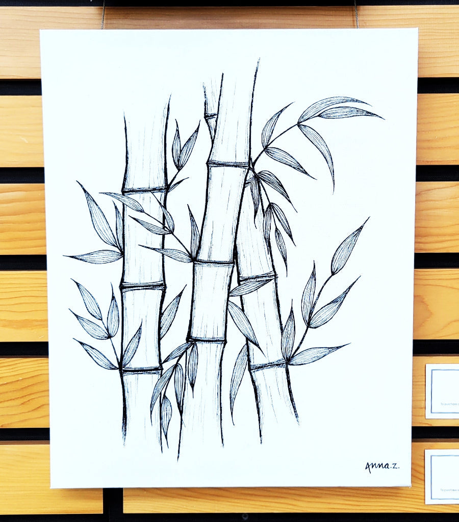 Artwork depicting a cluster of bamboo stems and leaves, in black acrylic on white canvas. Original artwork by Annazach Art.