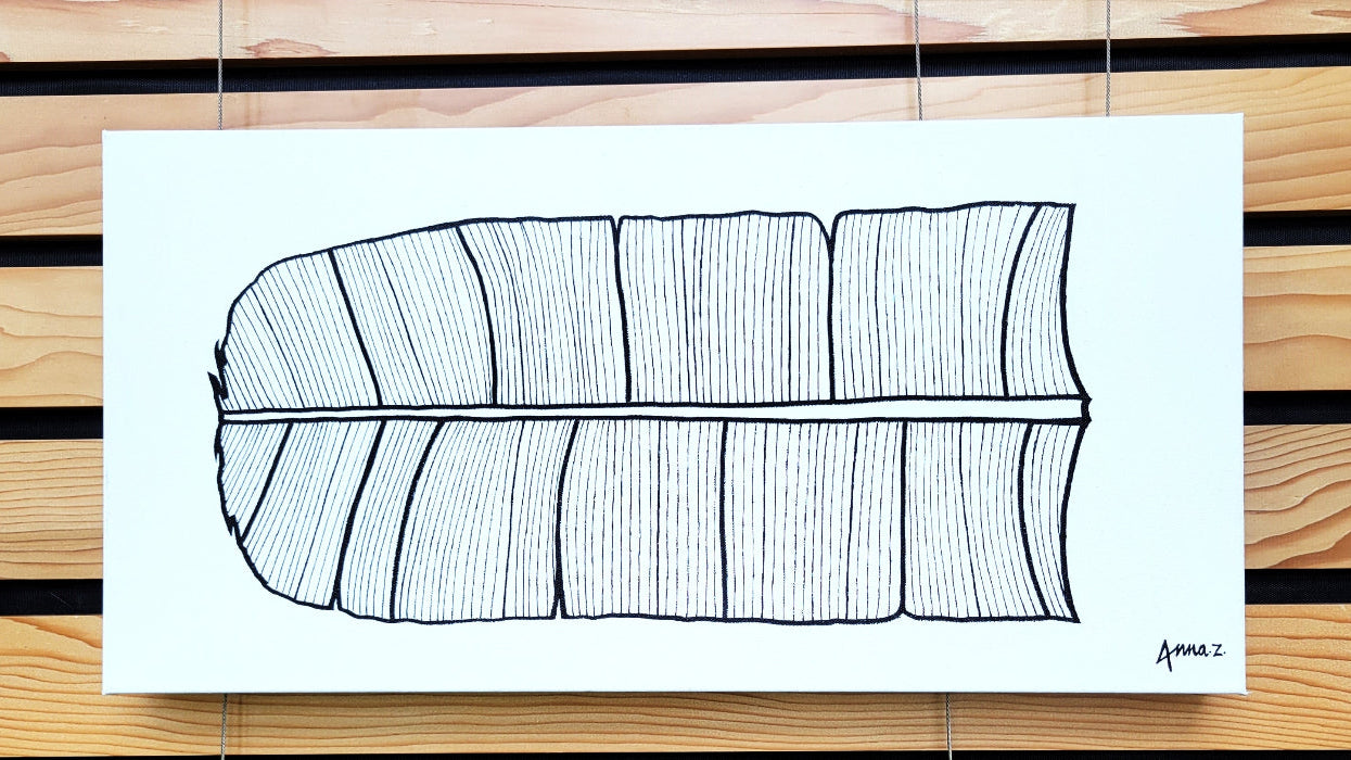 Dramatic details of stylized veins on a banana leaf, in black acrylic on white canvas. Original artwork by Annazach Art.