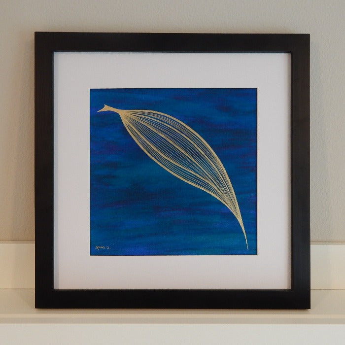 Original painting by Annazach Art. Stylized drawing of a bay leaf in gold ink against a deep blue background with hints of green. In metallic ink set against a deep blue watercolor background with hints of green, this color combination creates a perfect balance of richness and minimalism.