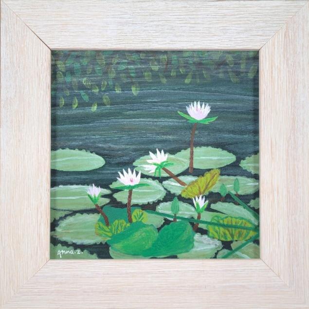 Original painting by Annazach Art. Miniature painting of a pond with white lilies in Waimea Botanical Garden, Hawaii.