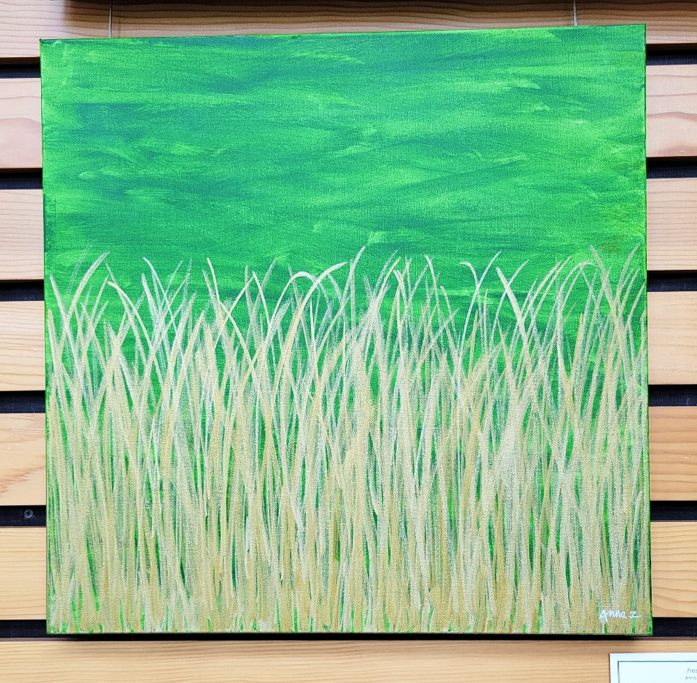 Original painting by Annazach Art. Soothing composition of golden blades of tall grass glowing against a warm green background.
