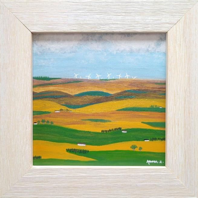 Original painting by Annazach Art. Miniature landscape painting of wind turbines spinning beyond the rolling hills in the horizon
