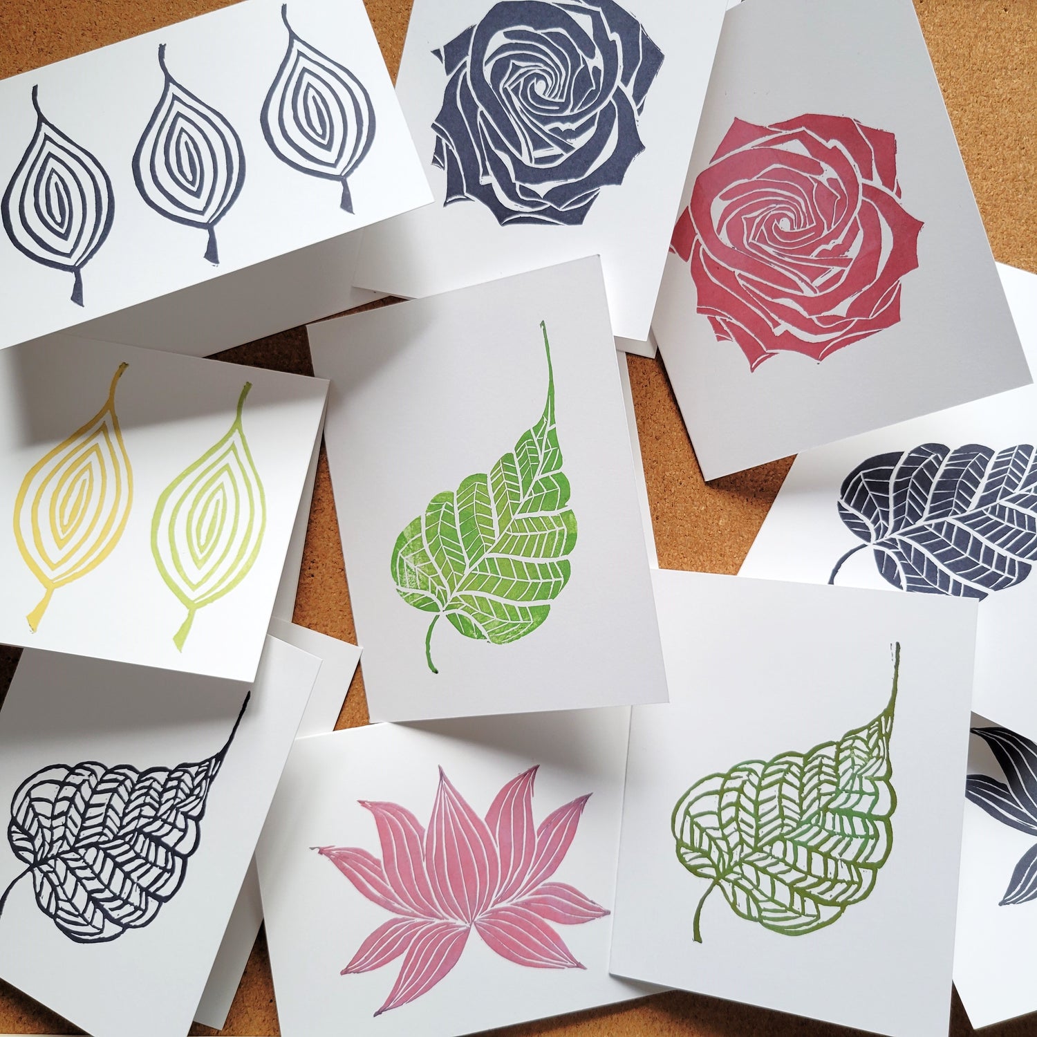Assortment of botanical print notecards in bright color and black and white versions