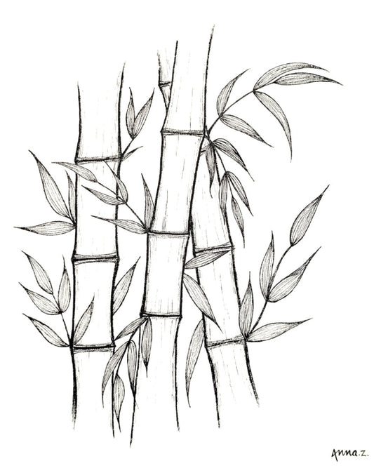 Artwork depicting a cluster of bamboo stems and leaves, in black acrylic on white canvas. Original artwork by Annazach Art.