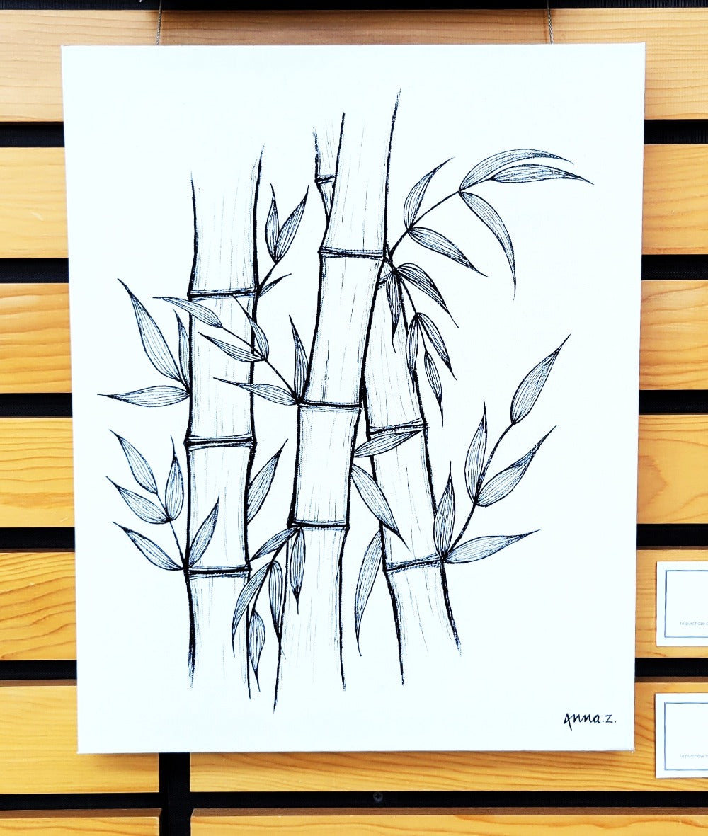 Artwork depicting a cluster of bamboo stems and leaves, in black acrylic on white canvas. Original artwork by Annazach Art.