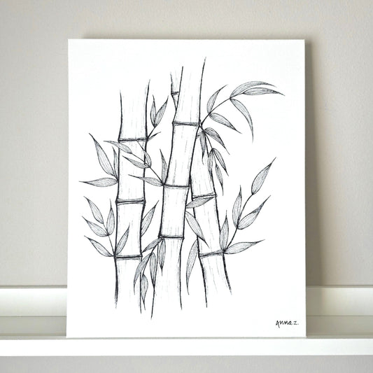 Artwork depicting a cluster of bamboo stems and leaves, in black acrylic on white canvas. Original artwork by Annazach Art.