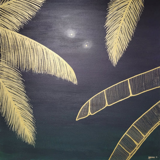 A painting of two fireflies glowing against a deep bluish black sky, framed by coconut palm fronds and banana leaves in golden yellow.