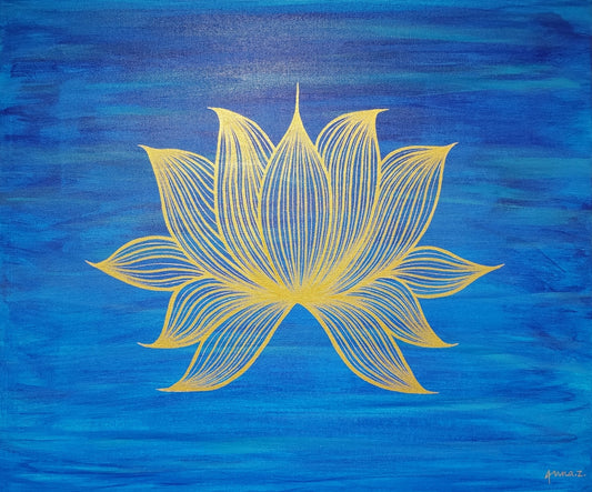 A painting of a stylized golden lotus blossom floats on bright blue water with ripples of reflected light.