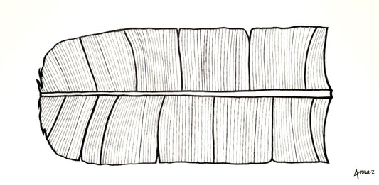 Dramatic details of stylized veins on a banana leaf, in black acrylic on white canvas. Original artwork by Annazach Art.