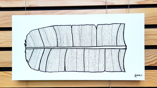 Dramatic details of stylized veins on a banana leaf, in black acrylic on white canvas. Original artwork by Annazach Art.