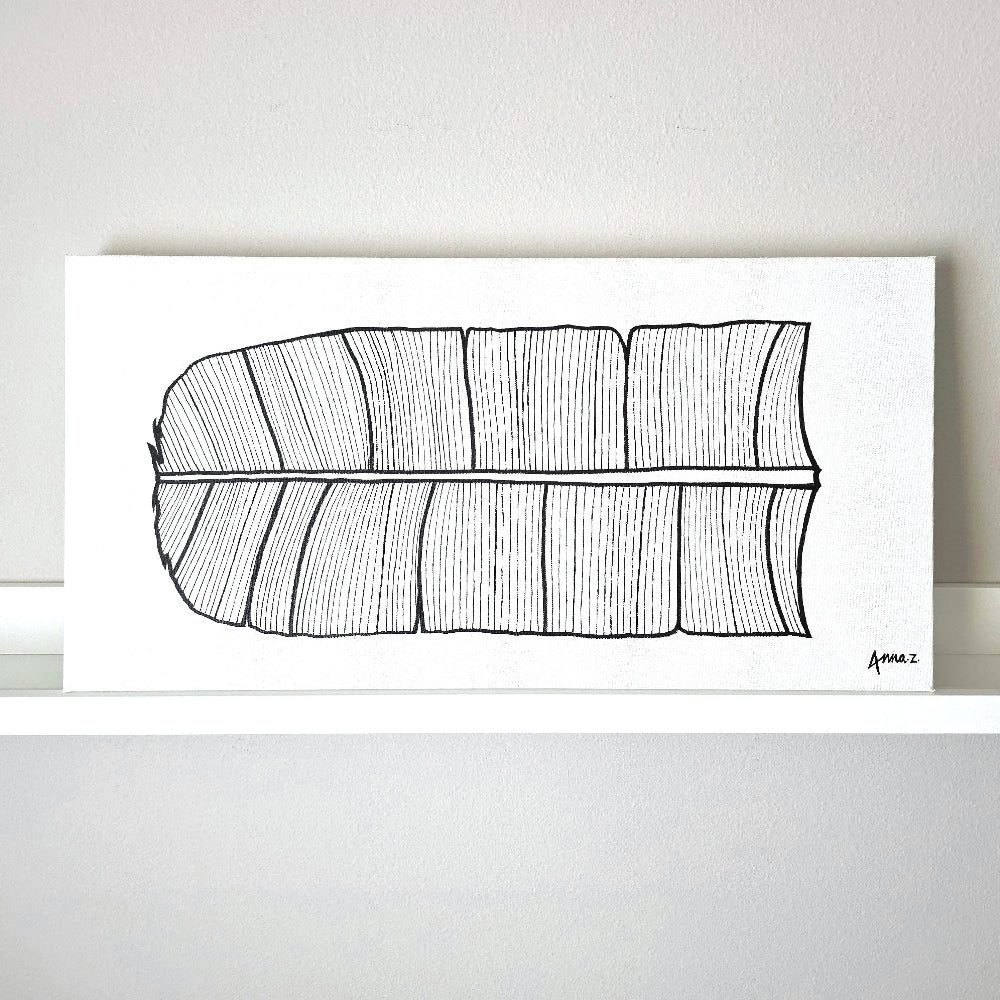 Dramatic details of stylized veins on a banana leaf, in black acrylic on white canvas. Original artwork by Annazach Art.
