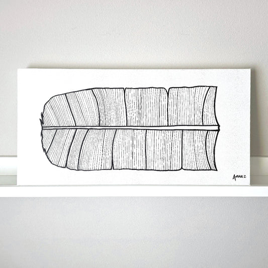Dramatic details of stylized veins on a banana leaf, in black acrylic on white canvas. Original artwork by Annazach Art.