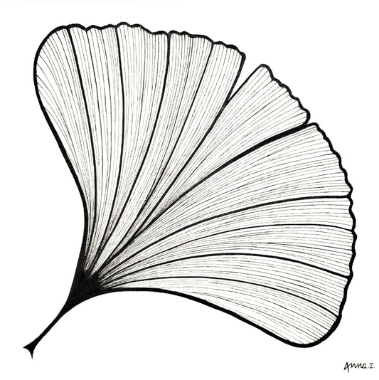 Dramatic details of stylized veins on a gingko leaf, in black acrylic on white canvas. Original artwork by Annazach Art.