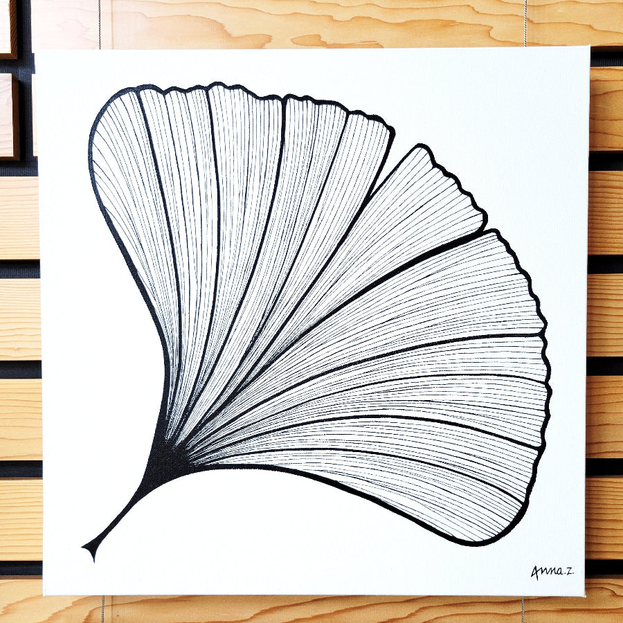 Dramatic details of stylized veins on a gingko leaf, in black acrylic on white canvas. Original artwork by Annazach Art.