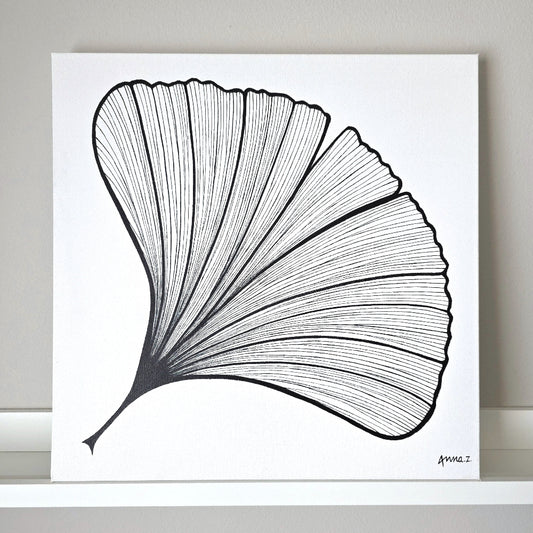 Dramatic details of stylized veins on a gingko leaf, in black acrylic on white canvas. Original artwork by Annazach Art.