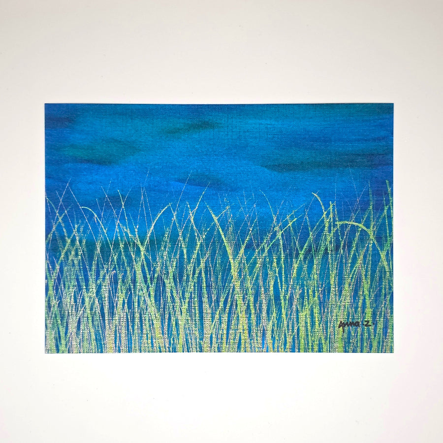 Botanical themed art print of a golden yellow grassy horizon against a deep blue background with hints of green.