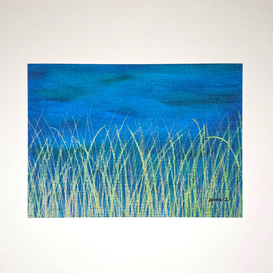 Botanical themed art print of a golden yellow grassy horizon against a deep blue background with hints of green.