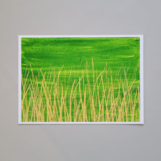 Landscape and botanical themed art print featuring a golden yellow grassy horizon against a warm green background. Image adapted from original acrylic painting on canvas. High quality print reproduction on specialty fine art printing paper.