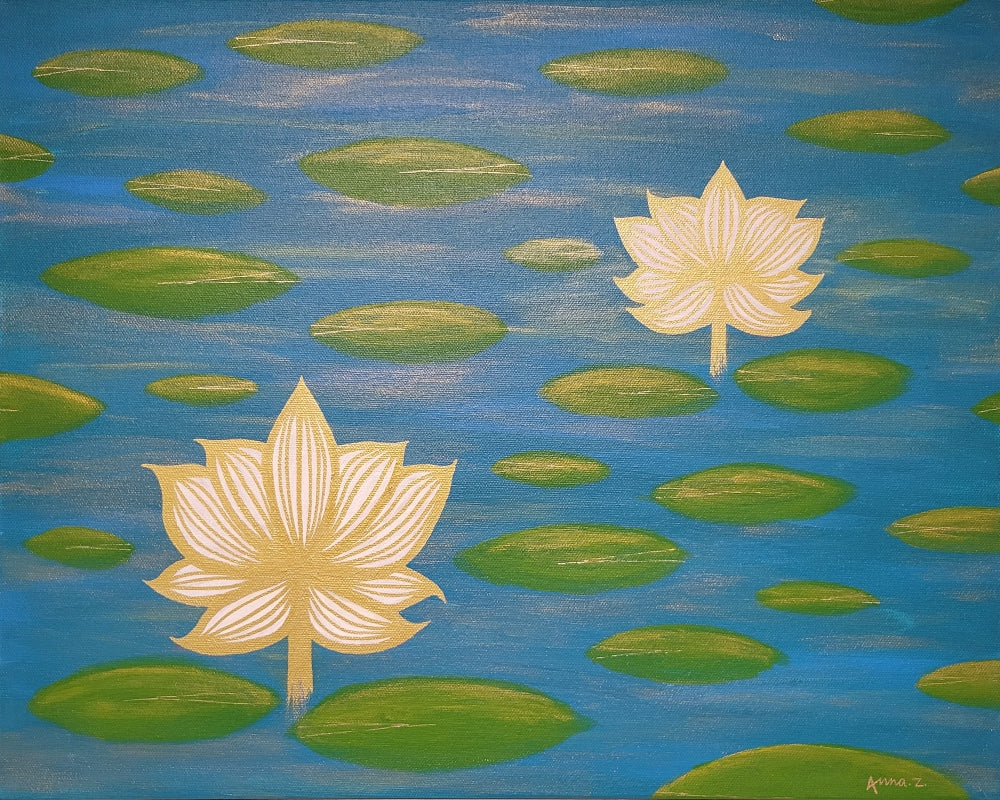 Two white lotus blossoms with golden veins rise above a deep blue pond covered in lotus leaves, with hints of gold details throughout the scene glistening in the soft moonlight.