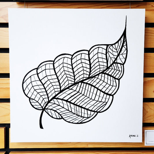 Artwork depicting dramatic details of stylized veins on a leaf, in black acrylic on white canvas. Original work by Annazach Art.