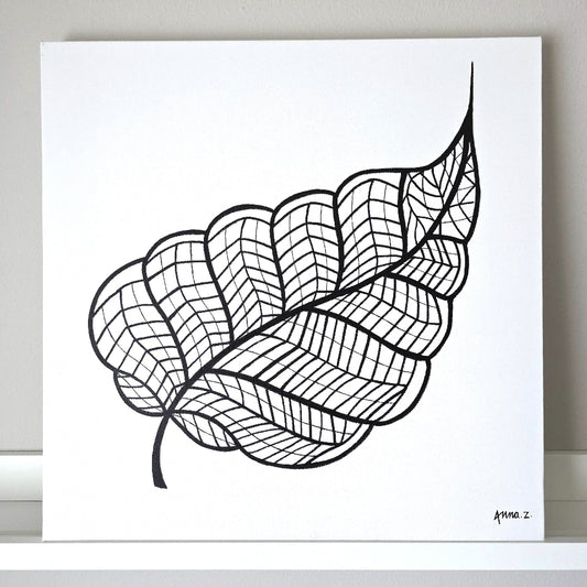 Artwork depicting dramatic details of stylized veins on a leaf, in black acrylic on white canvas. Original work by Annazach Art.