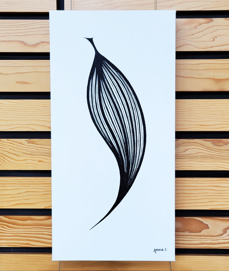 Long veins converge at the pointed end of a leaf. Clean lines in black acrylic on white canvas.