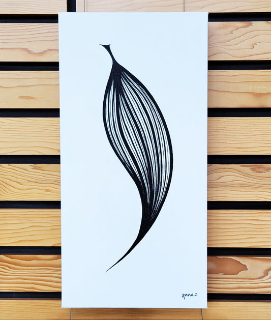Long veins converge at the pointed end of a leaf. Clean lines in black acrylic on white canvas.