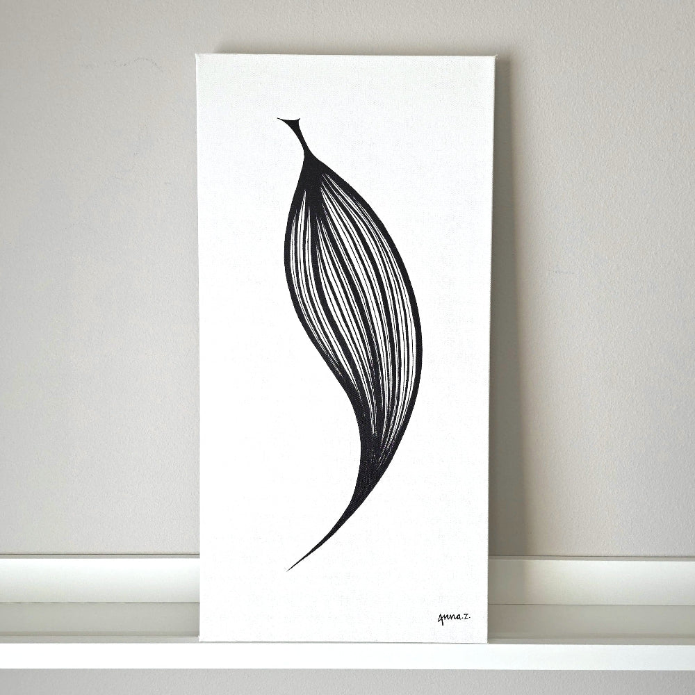 Long veins converge at the pointed end of a leaf. Clean lines in black acrylic on white canvas.