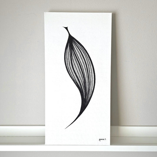 Long veins converge at the pointed end of a leaf. Clean lines in black acrylic on white canvas.