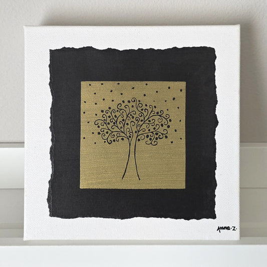 Intricate metallic block print of a fruit laden tree with swirling branches reaching for the stars, embossed on a black background. Deep gold colored embossing on black cardstock and white canvas.