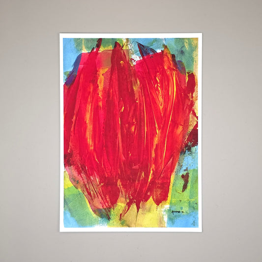 Botanical themed art print of an abstract tulip in bright red and hints of yellow against a light blue and green background.