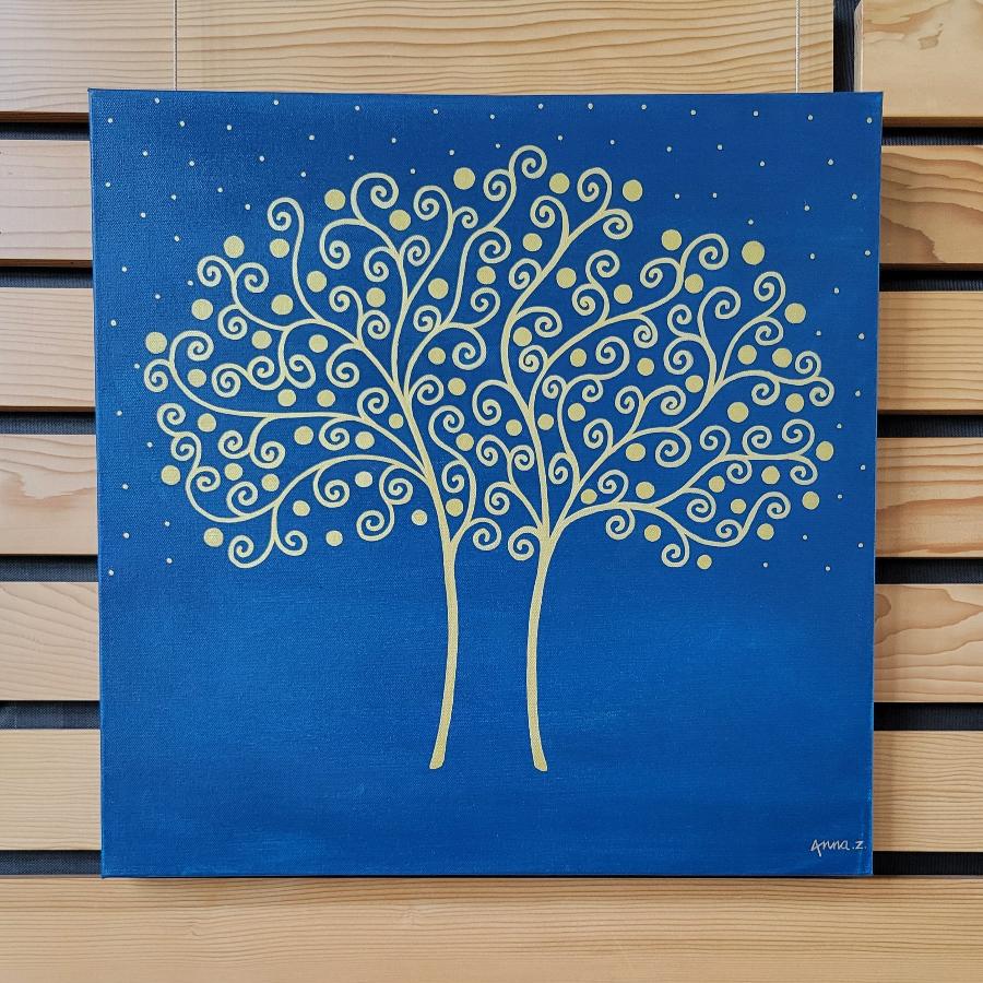 Original artwork by Annazach Art. A fruit laden tree reaches for the stars with its swirly branches. Gold tones against a deep blue background.