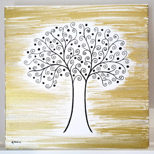 Original painting by Annazach Art. Stylized black tree with swirling branches against a white and gold background.