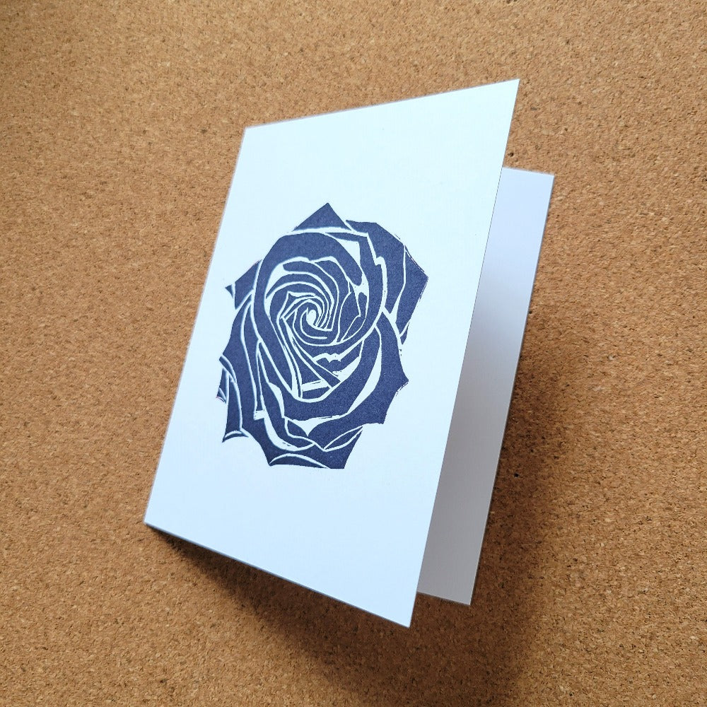 Notecard with block print artwork by Annazach Art - Rose Bloom in Black and White