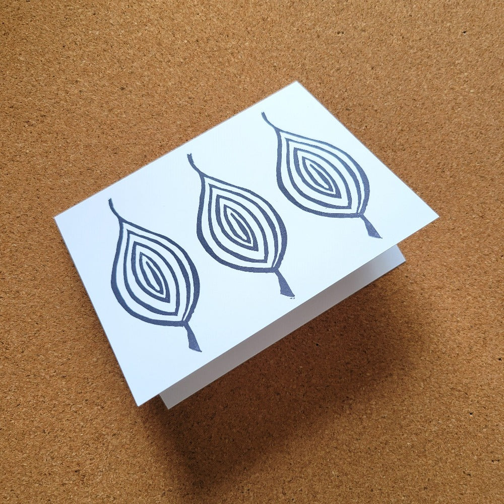 Notecard with block print artwork by Annazach Art - Spiral Leaf Trio in Black and White