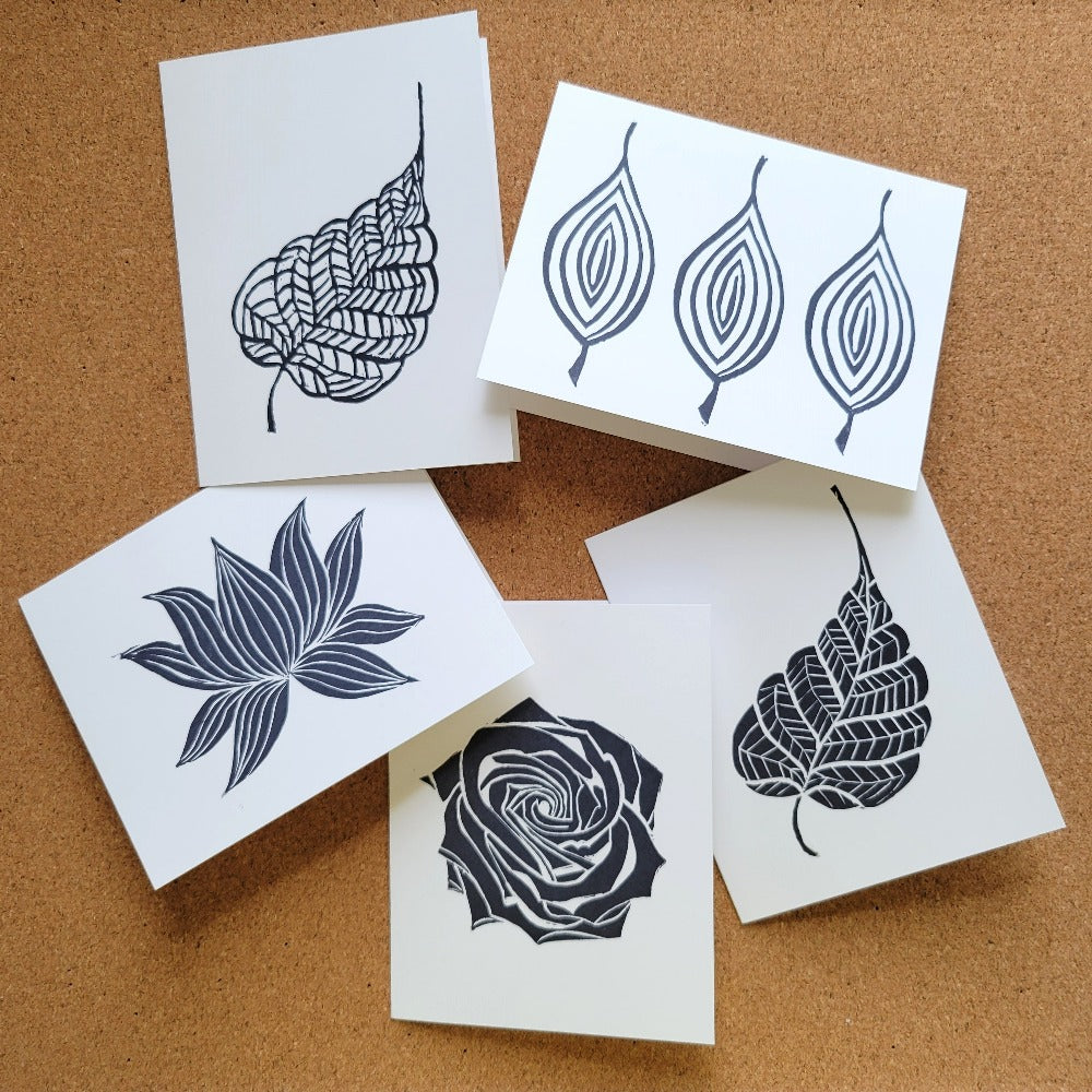 Assorted block print notecards in leaf and floral designs by Annazach Art