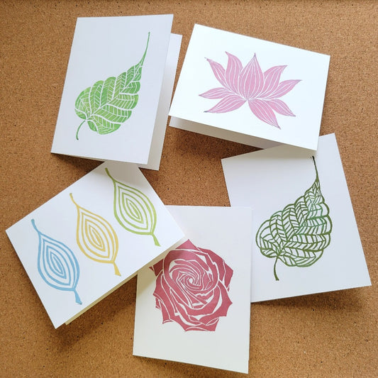 Assorted block print notecards in leaf and floral designs by Annazach Art