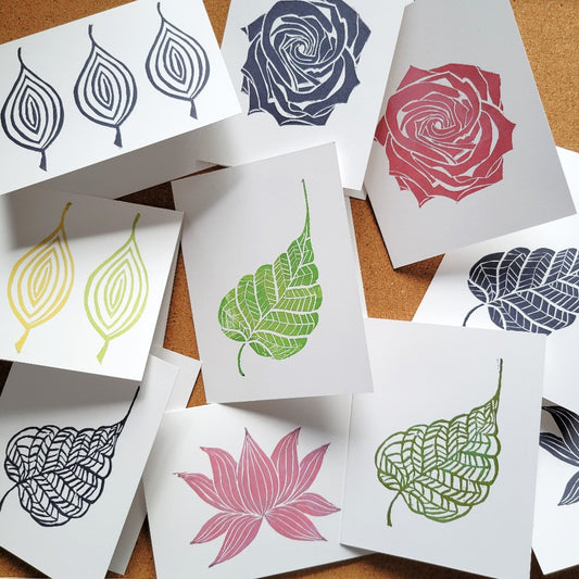 Assorted block print notecards in leaf and floral designs by Annazach Art