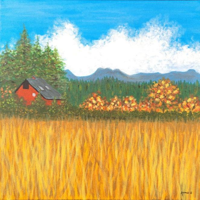 Original painting by Annazach Art. A red barn sits just beyond a golden field, next to tall evergreens and fruit trees with autumn leaves. The outline of the Cascade mountains frame the distant background. Inspired by a scene near the Evans Creek area in western Washington.