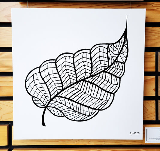 Artwork depicting dramatic details of stylized veins on a leaf, in black acrylic on white canvas. Original work by Annazach Art.