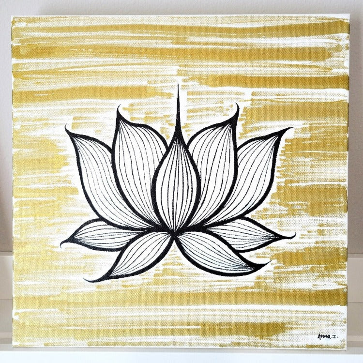 Original painting by Annazach Art. Stylized lotus blossom in black, white and gold.