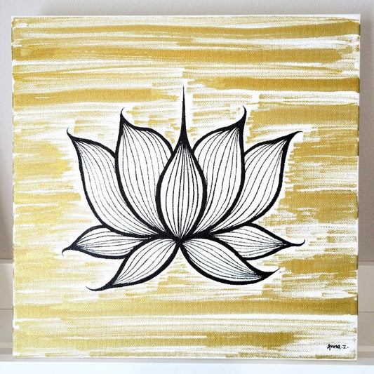 Original painting by Annazach Art. Stylized lotus blossom in black, white and gold.
