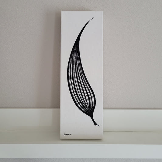Artwork of a single elongated leaf shaped like a blade. Venation with thick and thin line details brings in a hint of optical illusion. Front view of canvas on picture ledge.