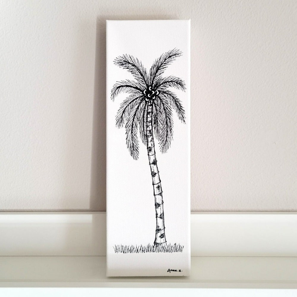 A painting of a coconut tree in black acrylic on white canvas - Artwork by Annazach Art