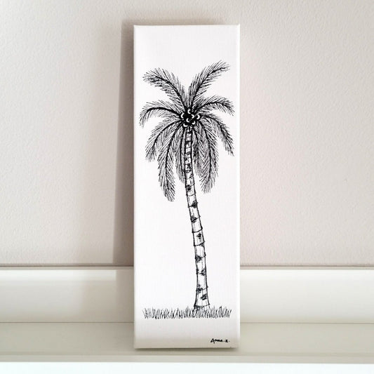 A painting of a coconut tree in black acrylic on white canvas - Artwork by Annazach Art