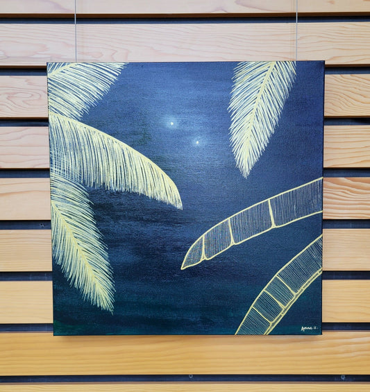 A painting of two fireflies glowing against a deep bluish black sky, framed by coconut palm fronds and banana leaves.