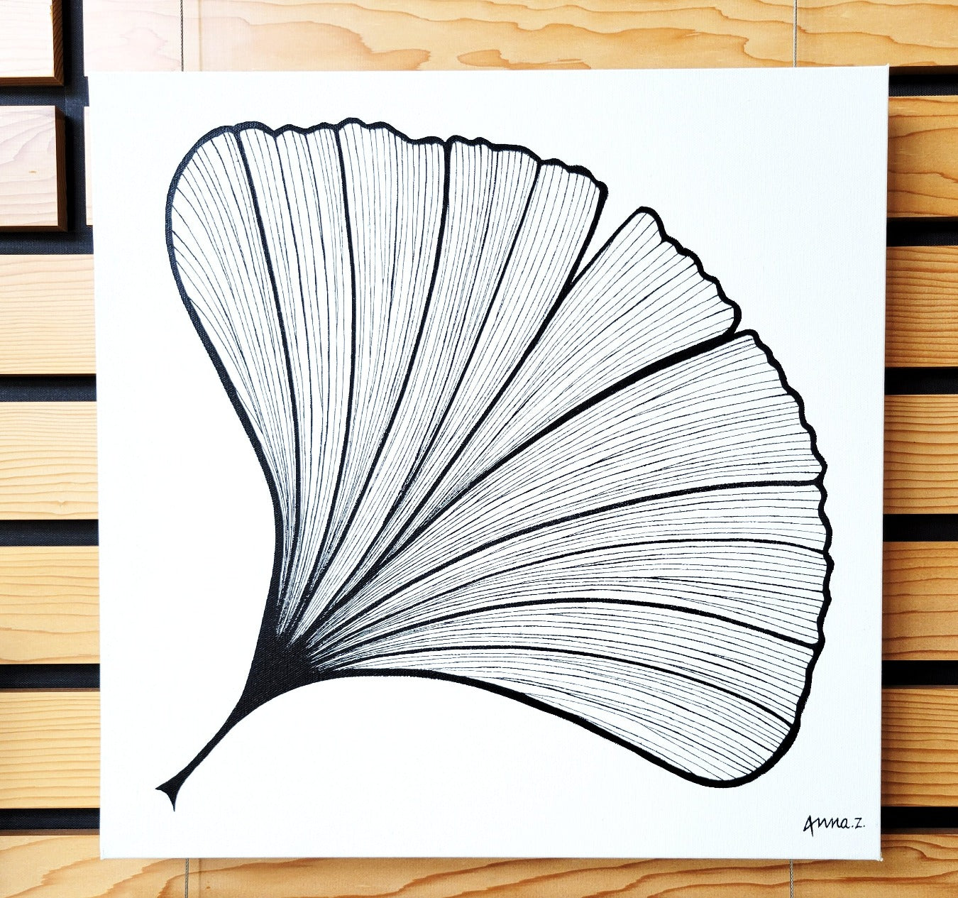 Dramatic details of stylized veins on a gingko leaf, in black acrylic on white canvas. Original artwork by Annazach Art.