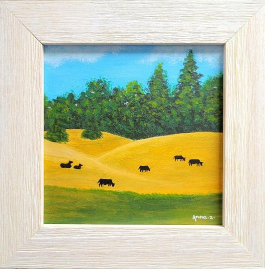 Original painting by Annazach Art. Miniature painting of a field of peaceful cattle resting and grazing in a golden field