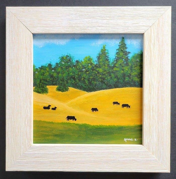 Original painting by Annazach Art. Miniature painting of a field of peaceful cattle resting and grazing in a golden field