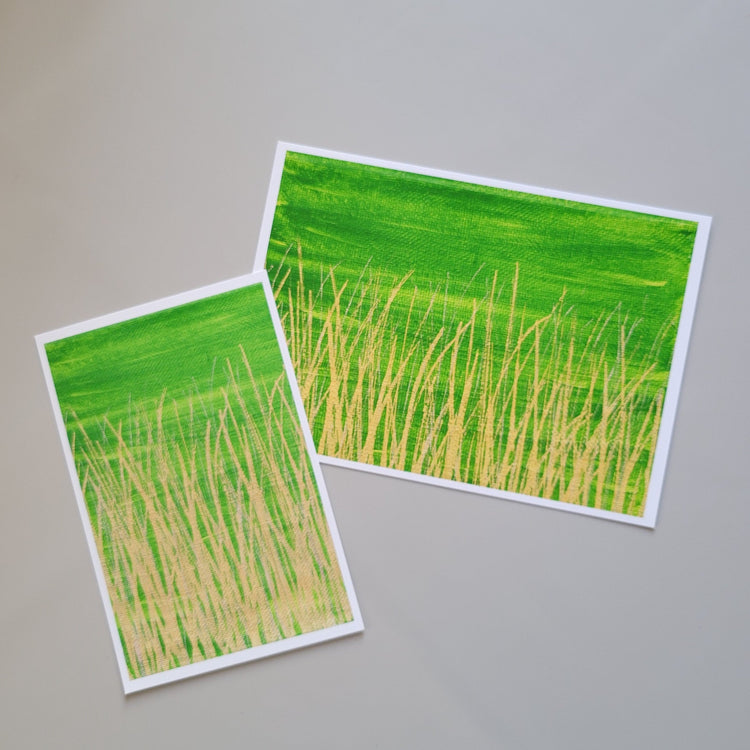 Landscape and botanical themed art print featuring a golden yellow grassy horizon against a warm green background. Image adapted from original acrylic painting on canvas. High quality print reproduction on specialty fine art printing paper.